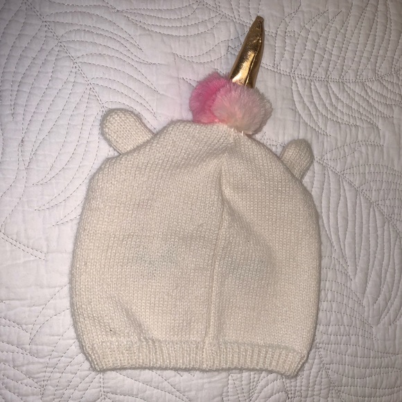 Adorable Infant/Newborn/Baby Winter Unicorn Hat/Beanie Cream, Pink Embroidery - Picture 3 of 4